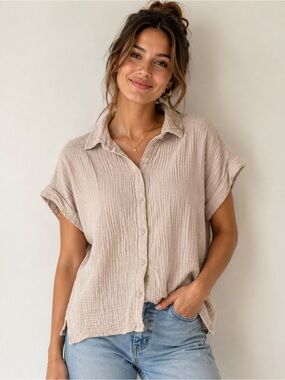 Splendid Neutral Beige Textured Gauze Blouse 100% Cotton NWT